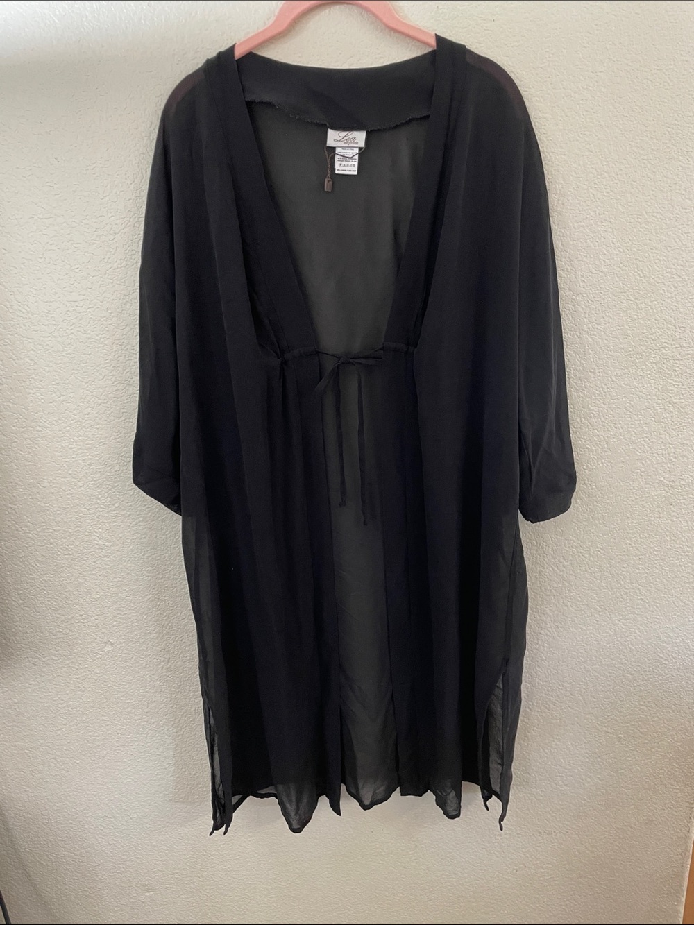 Lea Gottlieb 100% silk Luxe Black Sheer Midi robe open Front resort whymsig L